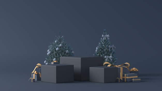 Rendu 3D de podiums avec des cadeaux de Noël