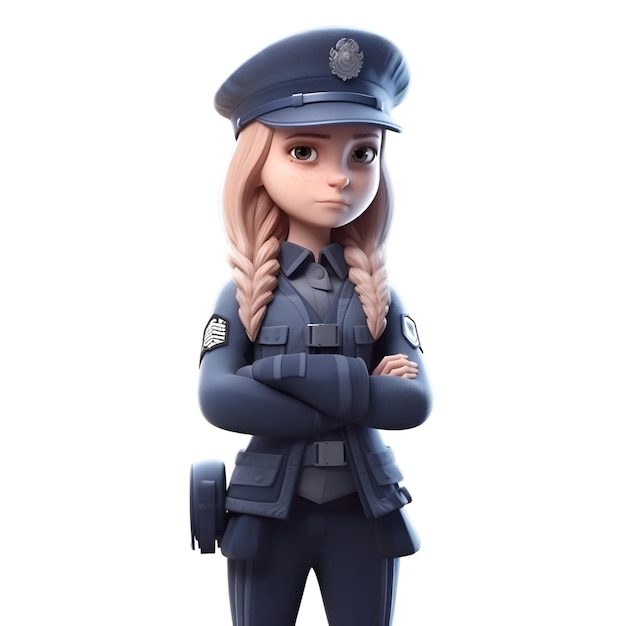 Rendu 3D d'un policier féminin isolé sur fond blanc
