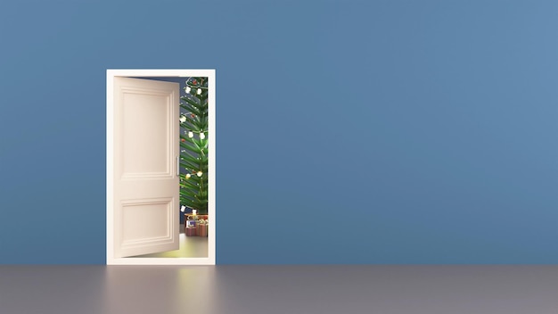 Rendu 3D de la porte ouverte avec des boîtes-cadeaux d'arbre de Noël et de l'espace de copie sur fond bleu