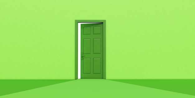 Rendu 3D de la porte ouverte verte isolée sur fond vert.