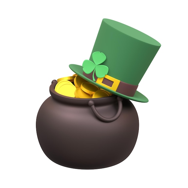 rendu 3d un pot d'or et un chapeau de lutin.