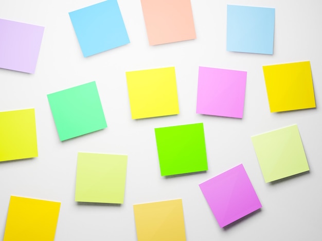 Rendu 3D pour un bel arrière-plan coloré papier de note anti-oublié sur le mur avec copyspace