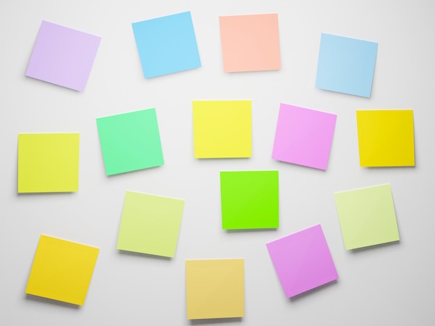 Rendu 3D pour un bel arrière-plan coloré papier de note anti-oublié sur le mur avec copyspace