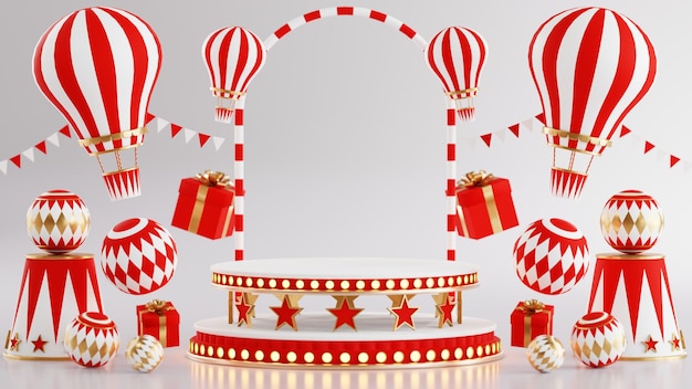 Rendu 3D pour le podium à thème de la foire du carnaval du cirque du parc d'attractions avec de nombreux manèges et magasins tente de cirque illustration 3d