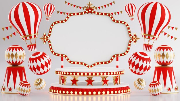 Rendu 3D pour le podium à thème de la foire du carnaval du cirque du parc d'attractions avec de nombreux manèges et magasins tente de cirque illustration 3d