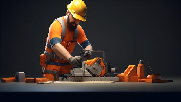 Un rendu 3D présentant un personnage déterminé d'ouvrier de la construction mesurant et coupant des matériaux