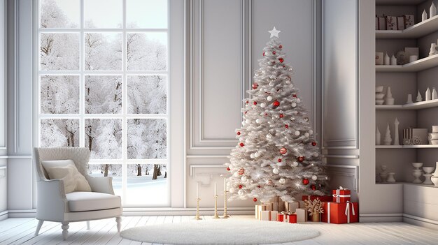 Rendu 3D primé d'un intérieur avec un sapin de Noël