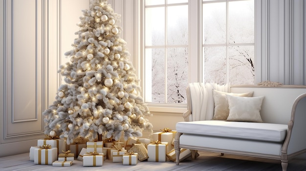 Rendu 3D primé d'un intérieur avec un sapin de Noël