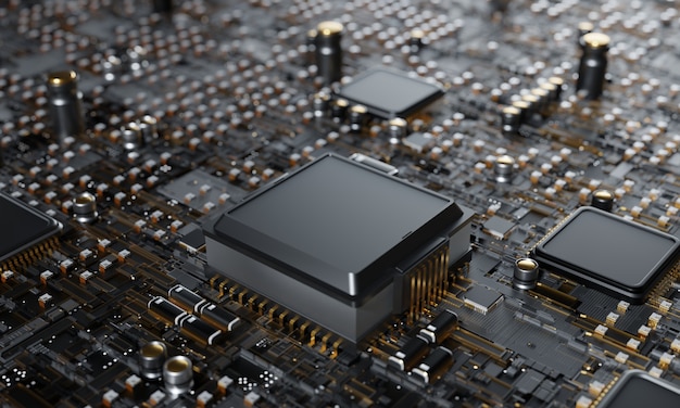 Rendu 3D, processeurs d'ordinateur central concept CPU Contexte technologique Unité centrale de processeur de chipset de microprocesseur Concept cyber et futuriste, matériel, IA, électronique, avec espace de copie