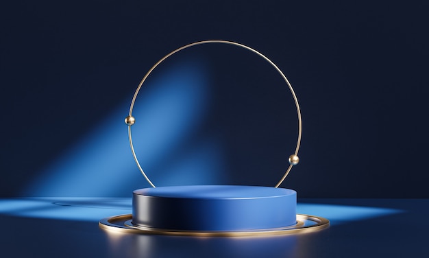 Rendu 3D de produit d'affichage d'or bleu foncé en verre de cercle de scène de podium