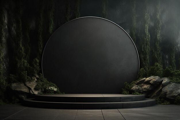Le rendu 3D d'un produit naturel vert pierre foncée présente une maquette de fond de scène de podium de luxe