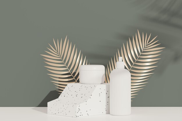 Rendu 3D d'un produit de soin de la peau cosmétique vierge ou d'un emballage pour une maquette. Conception de terrazzo. Savon de beauté et concept de spa. Huile de lotion hydratante pour la santé de la peau. Design haut de gamme et de luxe pour l'image de marque.