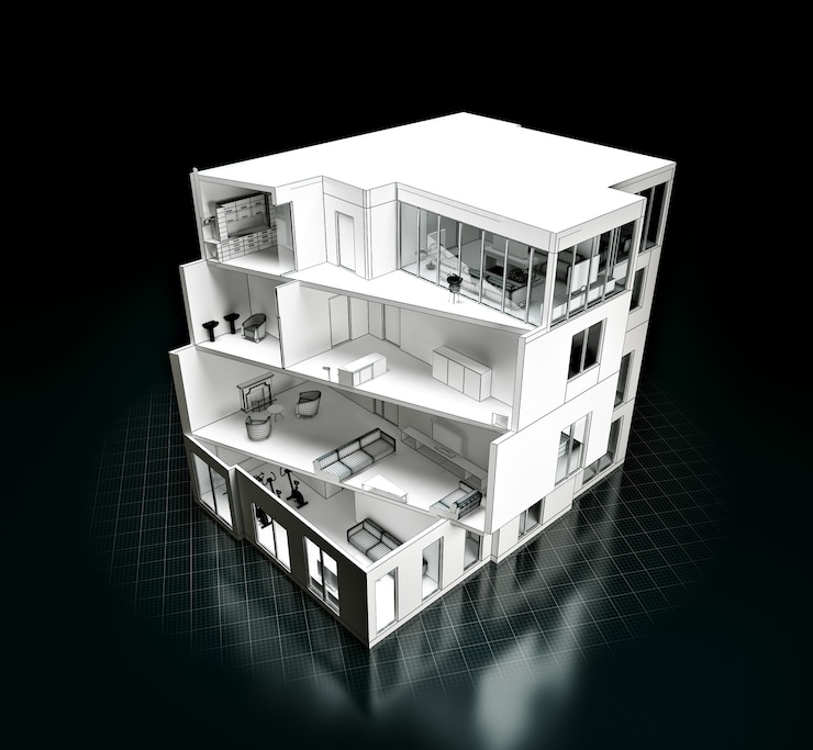 Photo rendu 3d d'un projet de maison. modèle dans une coupe. architecture