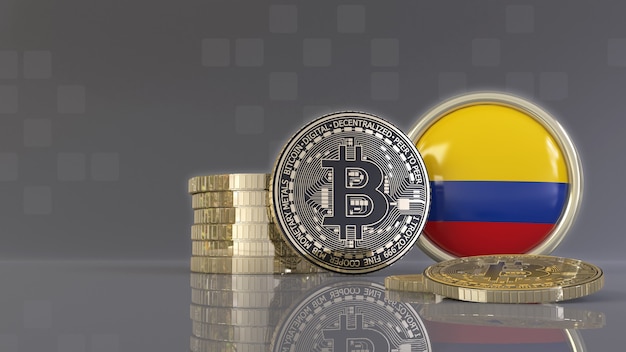 Rendu 3D de quelques Bitcoins métalliques devant un badge avec le drapeau colombien