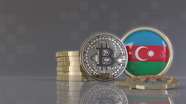 rendu 3d de quelques Bitcoins métalliques devant un insigne avec le drapeau azerbaïdjanais