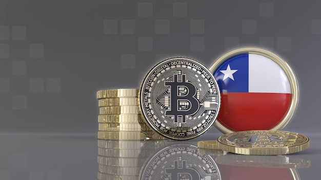 rendu 3d de quelques Bitcoins métalliques devant un insigne avec le drapeau chilien