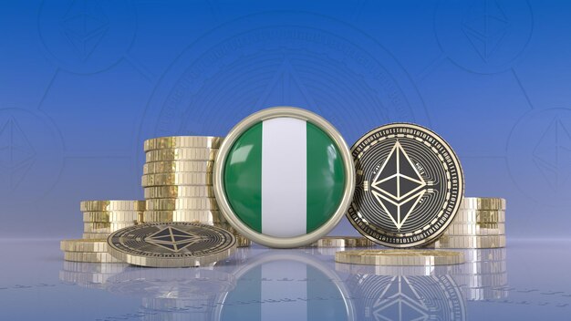 rendu 3d de quelques pièces d'Ethereum entourant un insigne avec le drapeau nigérian