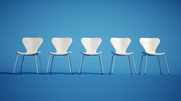 Rendu 3D d'une rangée de chaises blanches sur fond bleu