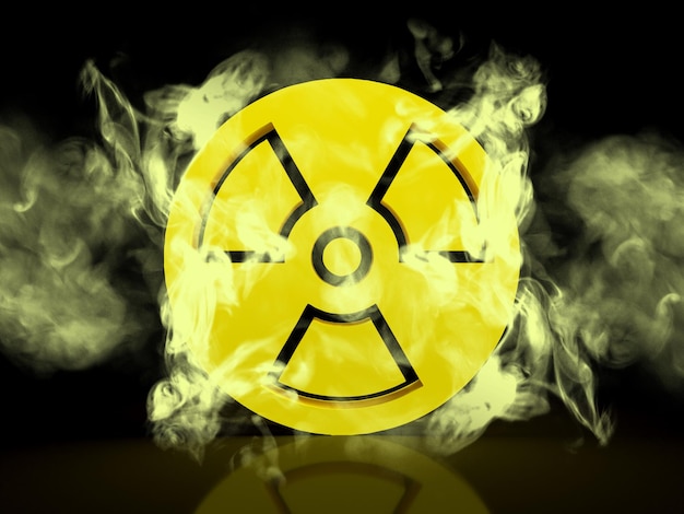 rendu 3d rayonnement danger toxique menace de rayonnement symbole de fond de guerre nucléaire de rayonnement et de fumée jaune