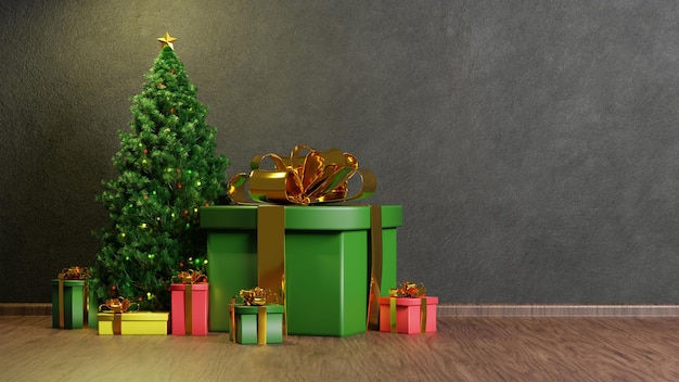 Rendu 3d réaliste joyeux noël fond avec arbre et boîte-cadeau