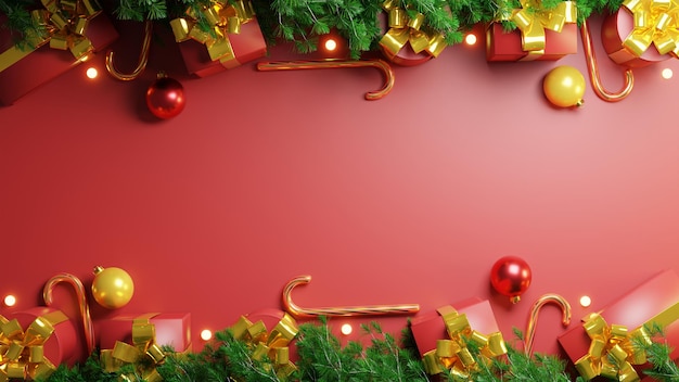 Rendu 3d réaliste joyeux noël fond rouge avec arbre et boîte-cadeau