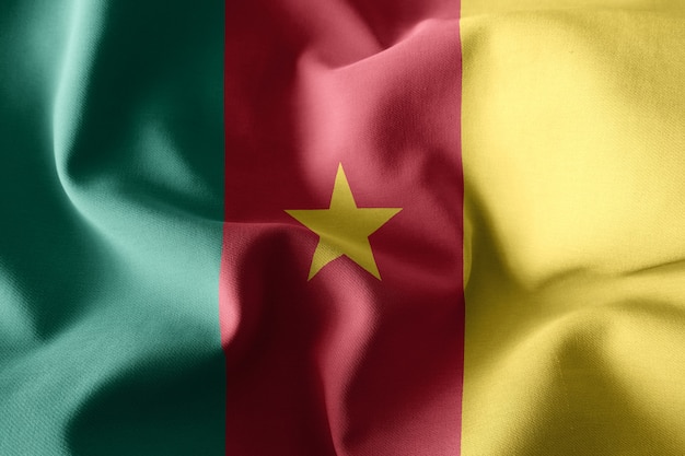 Rendu 3D réaliste ondulant le drapeau de soie du Cameroun