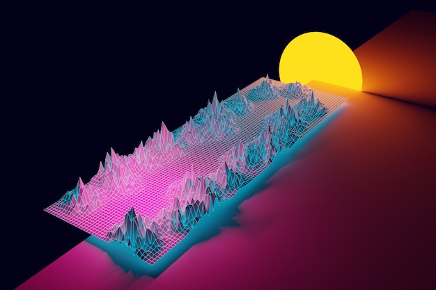 Rendu 3D, réalité virtuelle, route des lignes géométriques entre les montagnes au soleil couchant.