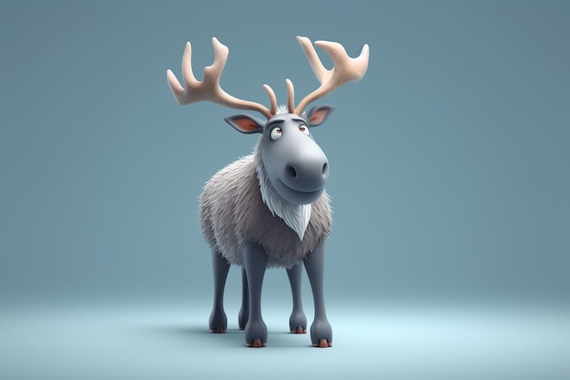Rendu 3D d'un renne avec des bois sur fond bleu