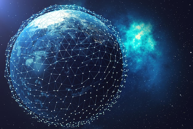 Rendu 3D Réseau et échange de données sur la planète Terre dans l'espace. Lignes de connexion autour du globe terrestre. Connectivité internationale mondiale. Éléments de cette image fournis par la NASA