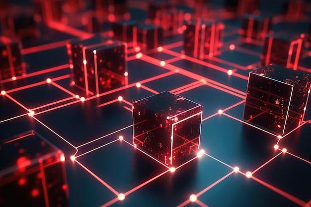 Rendu 3D d'un réseau de serveurs noirs avec des néons rouges Close-up d'un réseau de blockchain rougeoyant avec des blocs interconnectés et des champs de données avec IA généré