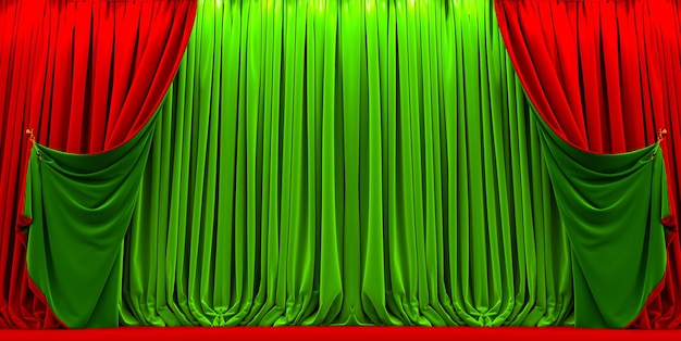 Rendu 3D de rideau de théâtre de modèle de fond de rideaux rouges et verts ouverts