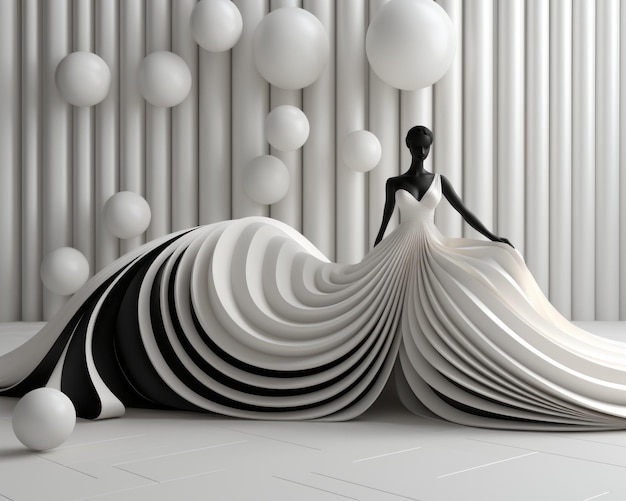 Rendu 3D d'une robe noire et blanche sur fond blanc