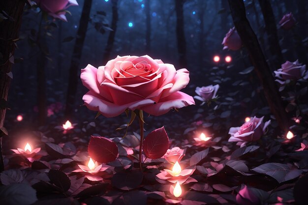 Photo rendu 3d d'une rose lumineuse dans une forêt de roses sombres