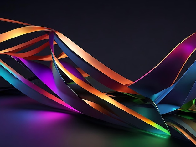 Rendu 3D ruban plié irisé multicolore lignes lumineuses colorées sur fond noir AI G