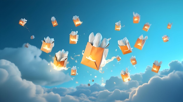 Un rendu 3D de sacs de papier flottant au milieu de nuages moelleux avec un sprite de feu ludique
