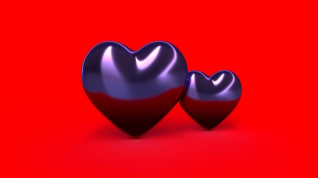 Rendu 3d, Saint Valentin, deux coeurs violets brillants sur fond rouge