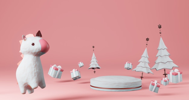 Rendu 3D de la Saint-Valentin. piédestal de neige entouré d'arbres de Noël, coffrets cadeaux et licorne, minimaliste. Symbole d'amour. Rendu 3d moderne.