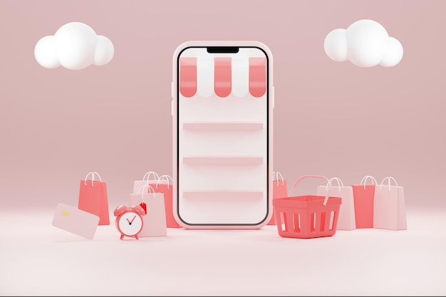 Rendu 3D Saint Valentin vente 3d smartphone et sac à provisions balle et panier