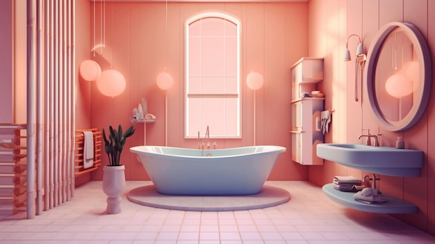 Rendu 3D d'une salle de bain féminine avec jolie baignoire et miroir