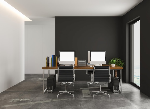 Rendu 3D d'une salle de bureau avec mobilier de bureau. Murs blancs et béton et sol en béton.