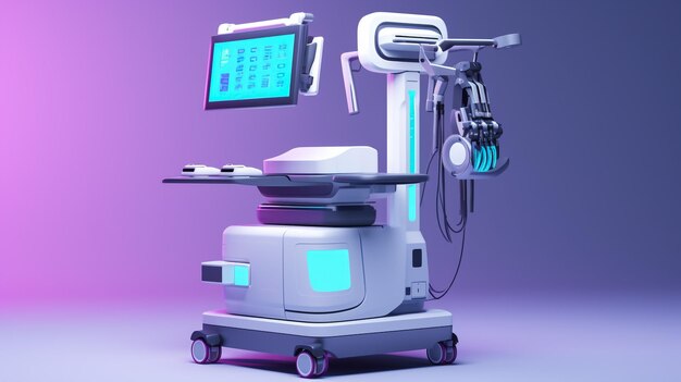 Rendu 3D de la salle de chirurgie de l'hôpital avec machine CArm et robot de chirurgie