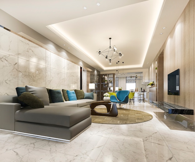 Rendu 3D de salle à manger et de salon modernes avec un décor de luxe