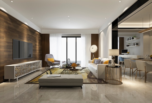 Rendu 3D de salle à manger et de salon modernes avec un décor de luxe