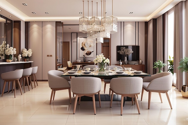 Rendu 3D d'une salle à manger et d'un salon modernes avec une décoration luxueuse