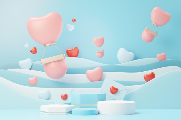 rendu 3d scène douce minimale avec podium d'affichage pour la maquette et la présentation de la marque de produit. Socle rose pour le thème de la Saint-Valentin. Joli fond de coeur mignon. Style de conception du jour de l'amour.