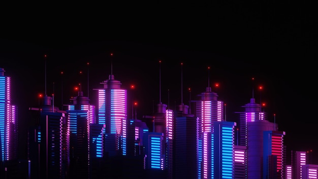 Rendu 3D de la scène du paysage de la méga-ville Cyber night Lumière rougeoyante et réflexion sur la scène technologique sombre Vie nocturne Réseau technologique pour 5g Au-delà du futuriste de la capitale SciFi et de la scène du bâtiment