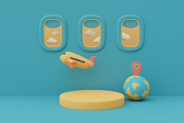 Rendu 3d de la scène de la fenêtre de l'avion avec podium vide entouré d'accessoires de voyage pour l'affichage ou la présentation, style minimal.