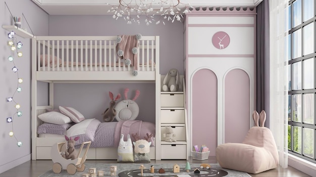 Photo rendu 3d de la scène intérieure de la chambre des enfants modernes