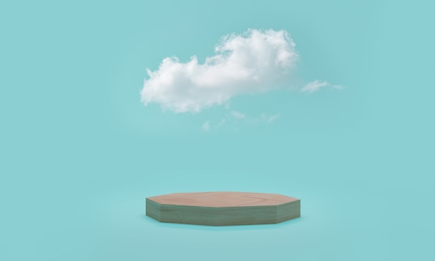 Rendu 3D. Scène de podium minimale avec nuage sur fond bleu.