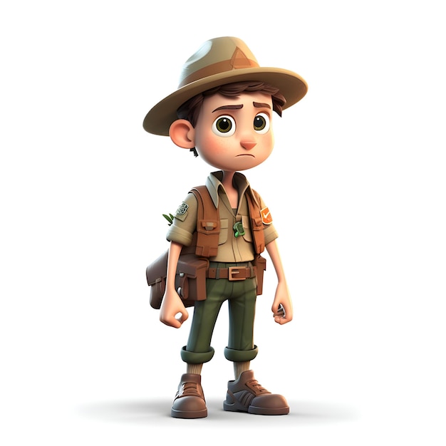 Rendu 3D d'un scout avec un sac à dos et un chapeau